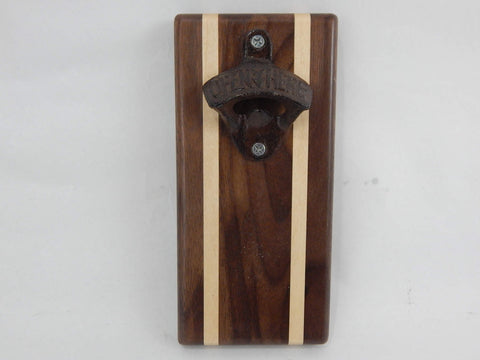 Magnet Bottle Opener/Holder with Walnut and Maple woods.