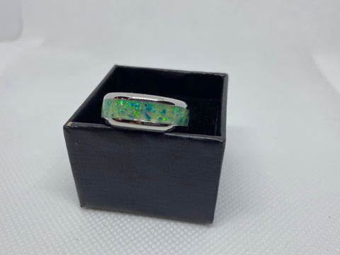 Stainless Steal Ring with Green Glow Powder and Crushed Opal